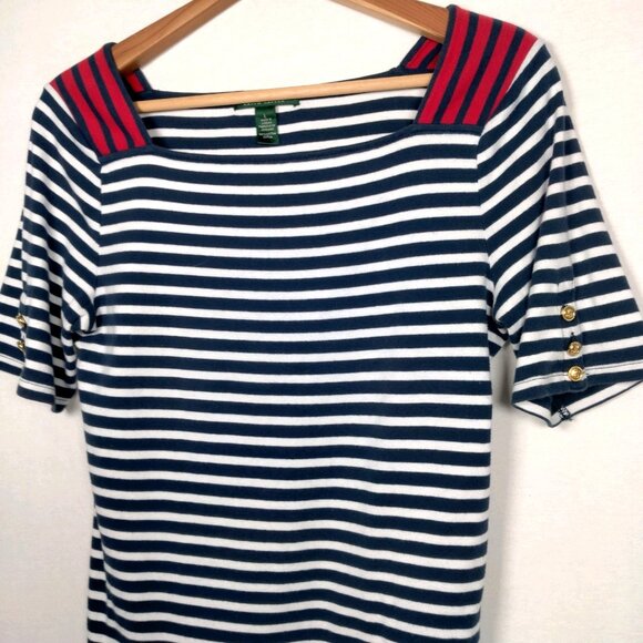 Lauren Ralph Lauren Tops - Lauren Ralph Lauren Shirt Women L Blue White Nautical Sailor Striped Gold Button